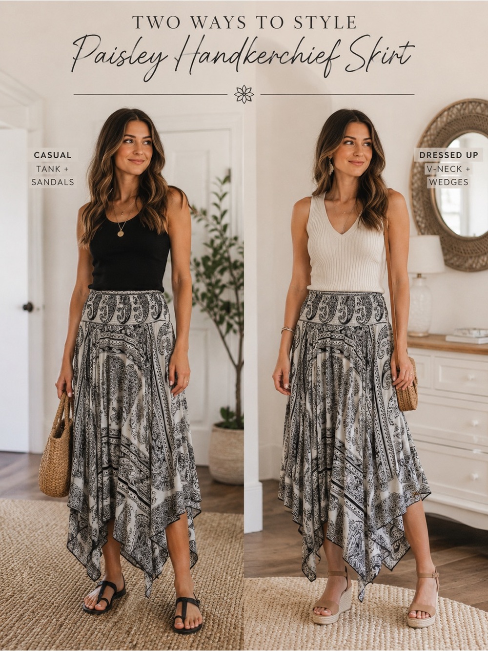 Lapis Black & White Paisley Handkerchief Hem Skirt